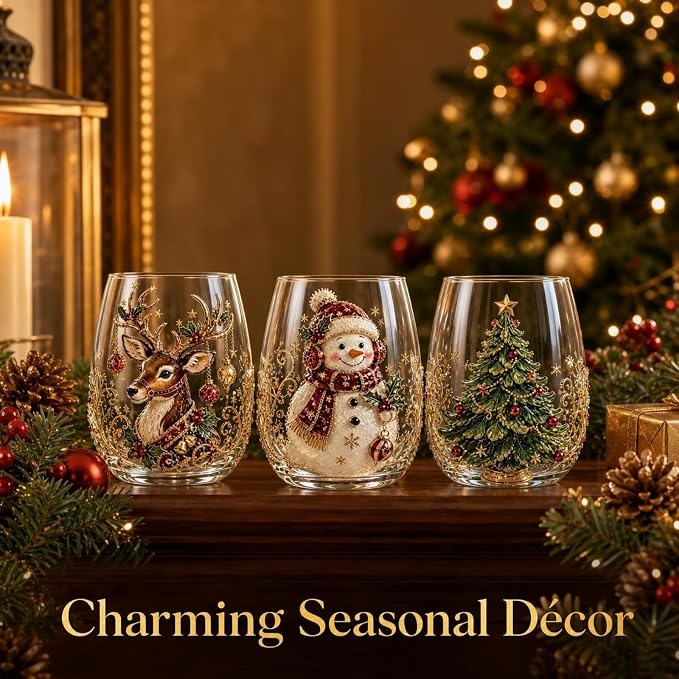 Christmas 3D Raised Glass Cup, Stemless Santa Wine Glass, Luxury Holiday Glassware for Coffee Tea Juice Milk Drinks - Image 4