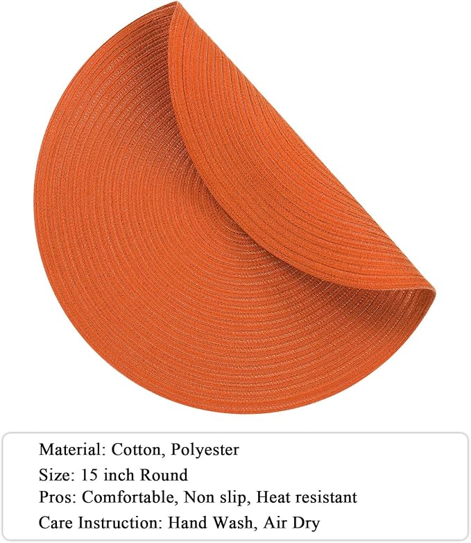 SHACOS Round Placemats Set of 4 for Dining Table Autumn Fall Round Braided Place Mats Washable Non Slip Kitchen Table Mats Decor, Bright Orange - Image 2
