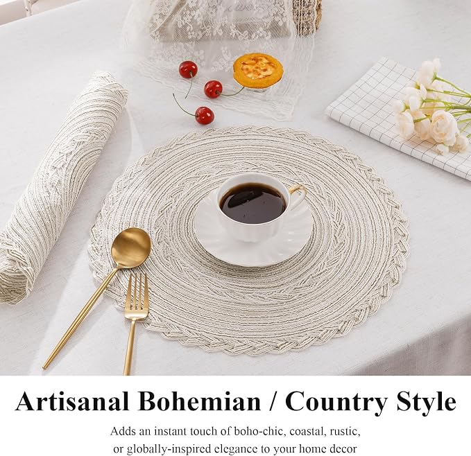 SHACOS 15 inch Round Braided Placemats Set of 12 for Dining Table Woven Boho Place Mats Kitchen Placemat Washable Table Mats, Ivory Bordered - Image 3