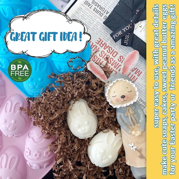 Egg Shape Silicone Molds 3.5 Inch, 2-Pack Chocolate Baking Holiday Easter Mould, Non-Stick BPA Free, Kid-Friendly Soap Mold Rabbit & Floral Designs, Blue & Pink - Image 4