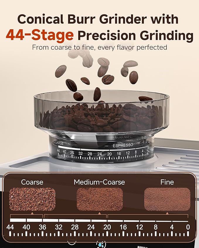 AMZCHEF Espresso Machine With Grinder, Temp Control, 44 Grind Settings | Hot & Cold Brew, Cappuccinos & Lattes, Built-in Grinder, Milk Frother, Touch Screen, Easy to Clean, Compact Design, Silver - Image 2