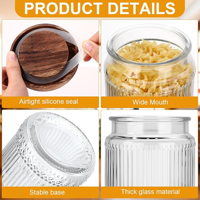 6 Pcs 500ml/17 oz Vintage Glass Storage Jar Glass Containers with Wood Lid Ribbed Pattern Airtight Kitchen Spice Containers for Pantry, Coffee Bean, Grains, Tea, Sugar, Flour, Candy, Oats - Image 3