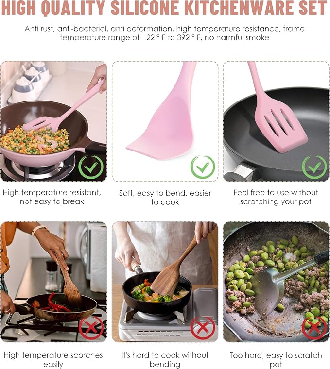 Kitchen Utensils Set-12 Pieces Silicone Cooking Utensils Set (Dishwasher Safe) 392°F Heat Resistant Spatula Set, Nonstick Cookware | Dishwasher Safe 392°F Heat Resistant Spatula Set Kitchen Utensil Set for Nonstick Cookware,Best Kitchen Tools with Holder - Image 3