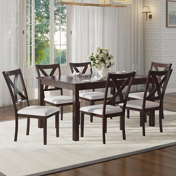 AMERLIFE 7-Piece Farmhouse Dining Table Set for 6, 60'' Table and 6 Chairs | Solid Wood Kitchen Table with 6 Upholstered Chairs, Space-Saving Dining Set for Dining Room, Kitchen, Small Apartment, Brown by AMERLIFE
