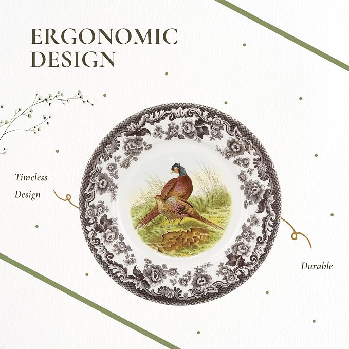 Spode Woodland Pheasant Luncheon Plate - 9" Fine Earthenware Plate with British Flowers Border, Rustic Game Bird Design - Dishwasher, Microwave, Oven & Freezer Safe - Made in England (Pack of 2) - Image 6