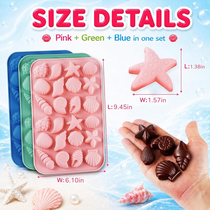 3Pcs Seashell Chocolate Molds, Ocean Themed Cake Baking Molds for Candy Fondant, 24-Cavity Silicone Mold for Cookies, Cupcake Toppers and DIY Cake Decorating - Image 2