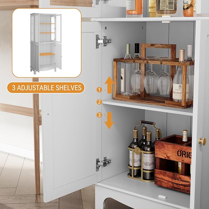 72" Tall Kitchen Pantry Cabinet with Glass Door and Adjustable Shelves, Vintage Food Storage Cabinet for Kitchen, Dining Room, Living Room, White - Image 6