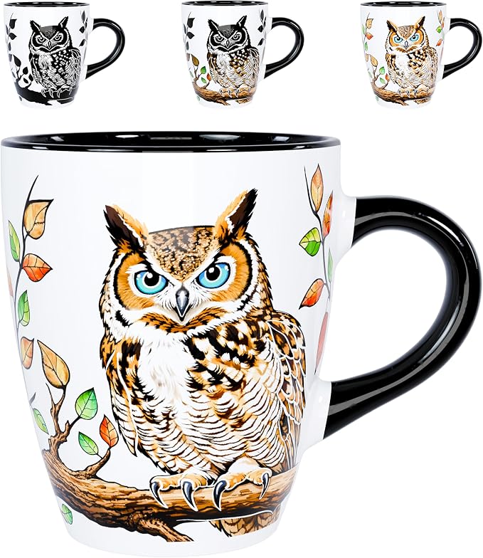 Color Changing Owl Coffee Mug 12oz – Heat Sensitive Ceramic Cup with Floral Reveal – Gifts for Owl Lovers, Unique Coffee Mugs for Women, Christmas Holiday Gift, Perfect for Coffee, Tea or Cocoa by Dream8Design