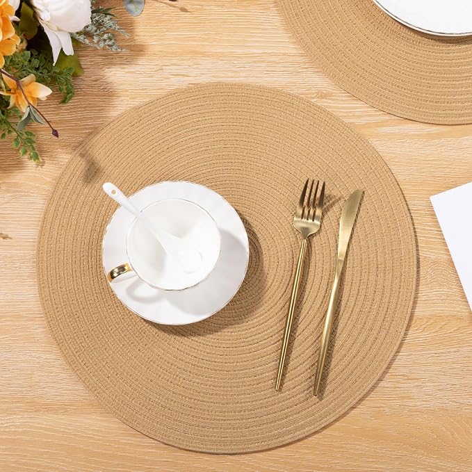 SHACOS 15 inch Round Braided Placemats Set of 6 Cotton Polyester Heat Resistant Round Table Mats Washable Place Mats for Dinner Party Table Decoration (Camel, 6) - Image 5