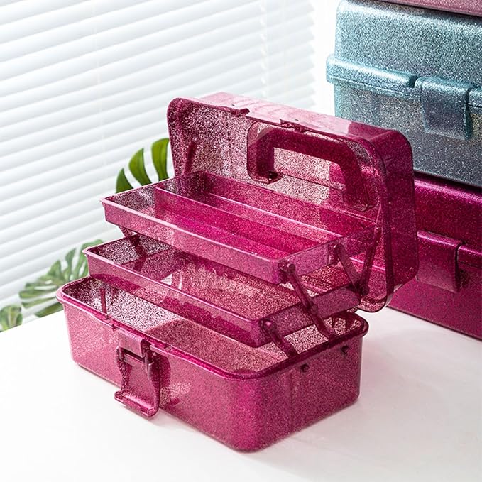 Saim Storage Bins,Three-Layer Multipurpose Art & Craft Storage Container,Carry Tackle Organizer,Medicine Cosmetic Art Supply Box for Art Supply Makeup Hair Accessories Painting Tools - Hot Pink