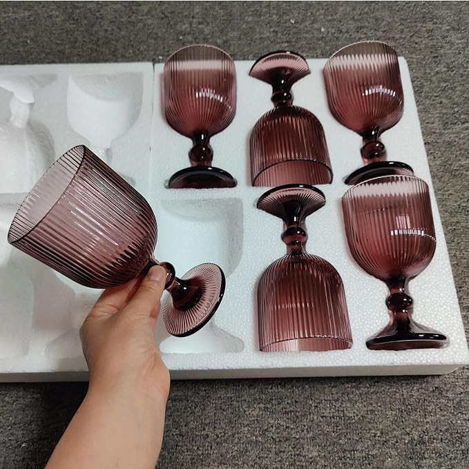 Taganov Purple Glasses Drinking Water Goblets set of 6 Colored Wine Glasses 13oz Pink Vintage Glassware for Wedding Party Bar Vertical Line Embossed Pattern Stemmed Cups 400ml - Image 3