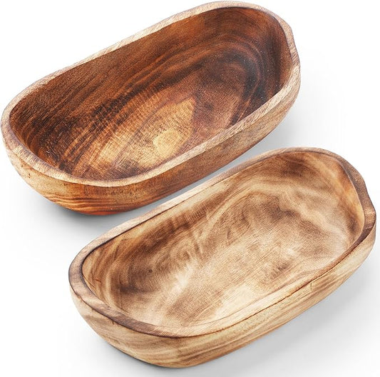 2 Pcs Wooden Dough Bowls for Decor Oblong Decorative Bowl Home Decor Fruit Vessel for Kitchen Counter Rustic Carved Serving Container Long Wooden Bread Tray for Dining Room Table(13 x 9 x 3.2 Inch)