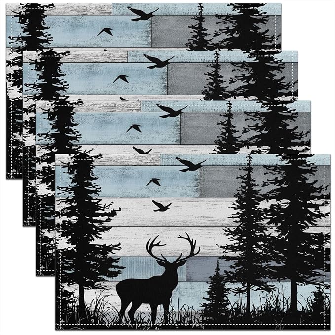 Feelyou Rustic Deer Placemats Set of 4 Western Farmhouse Table Mats for Party Kitchen Dining Decoration Cabin Country Lodge Down Place Mat for Table Holiday Decor Indoor Outdoor 18"x12" Non-Slip by Feelyou