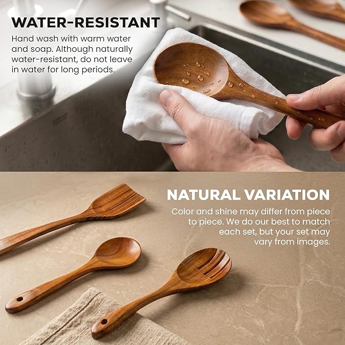 Zulay Kitchen 15-Piece Teak Wooden Utensils for Cooking - Natural Teak Utensil Set with Premium Gift Box - Non-Stick Wooden Spoons for Cooking - Kitchen Gift Set - Comfortable Grip Wooden Utensil Set - Image 5