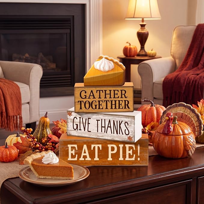 Moucuny 4 Pcs Fall Coffee Table Decor Fall Decoration for Home Wooden Stacked Block with Pie Topper Rustic Thanksgiving Tiered Tray Decor for Autumn Harvest Party Home Kitchen Coffee Bar - Image 3