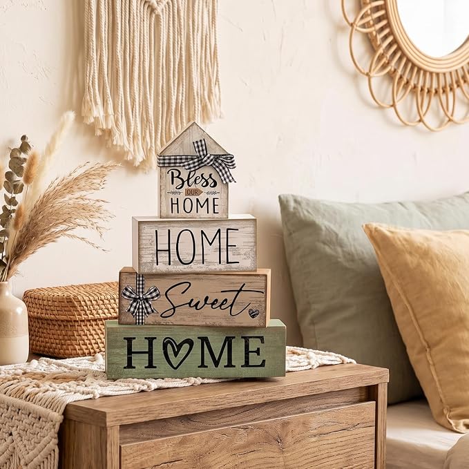 Moucuny 4 Pcs Wooden Farmhouse Table Decor Rustic Home Sweet Home Stacked Blocks Decoration Farmhouse Tiered Tray Decor Decorative Eucalyptus Block Signs Bless Gift for Kitchen Shelf Coffee Table - Image 4
