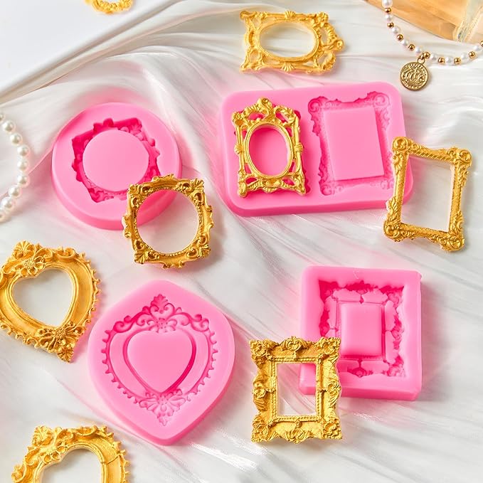 4 Pcs Photo Frame Silicone Molds, Baroque Style Picture Photo Frames Fondant Molds for Cupcake Topper, Chocolate, Candy, Donut Cake Puck Decoration and Clay Craft Making