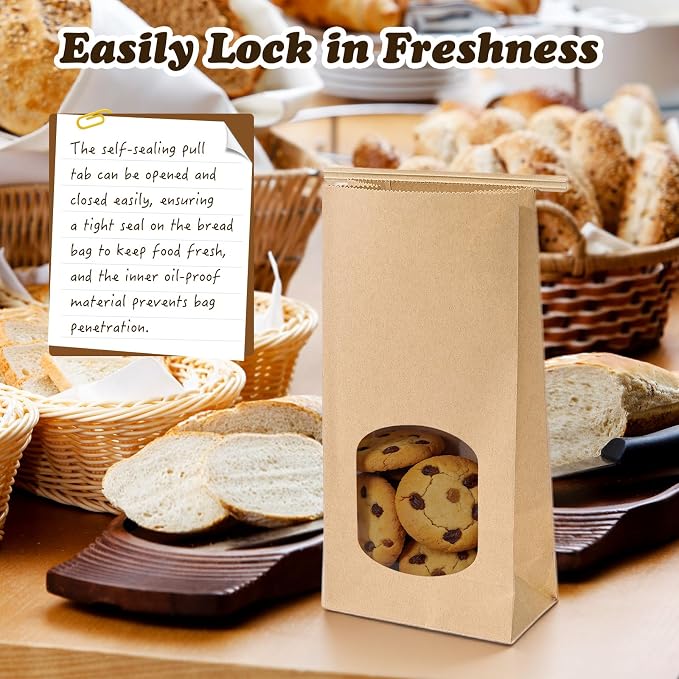 100Pcs Cookie Bags Bakery Bags with Window，Brown Kraft Paper Bags with Tin Tie Tab Lock，108 Labels Treat Bags for Homemade Cookies, Pastries, Coffee Bean, Goodies(9.8"x4.7"x2.6") - Image 4