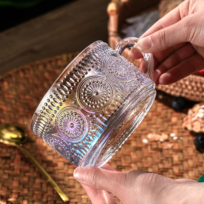 Gezzeny Vintage Glass Coffee Mugs 14 Oz Set of 2 Iridescent Embossed, Tea Cups,Glass Coffee Cups for Cappuccino, Latte,Cereal, Yogurt, Beverage Christmas Thanksgiving Day Gifts - Image 3