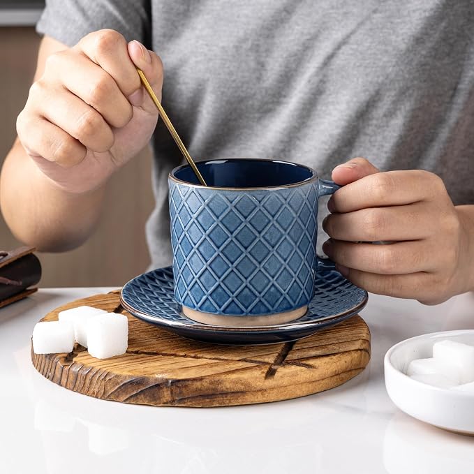GBhome 6 OZ Stackable Coffee Mugs Set of 4, Ceramic Coffee Cups Set | 4 Assorted Designs, Embossed Mugs with Texture Patterns for Espresso/Tea, Dishwasher&Microwave Safe, Blue - Image 5