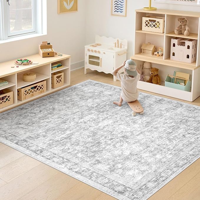 6x9 Area Rugs for Living Room: Washable Vintage Floral Rug Low Pile Non-Slip Boho Carpet for Bedroom Nursery Dining Room (Grey, 6'x9') - Image 5