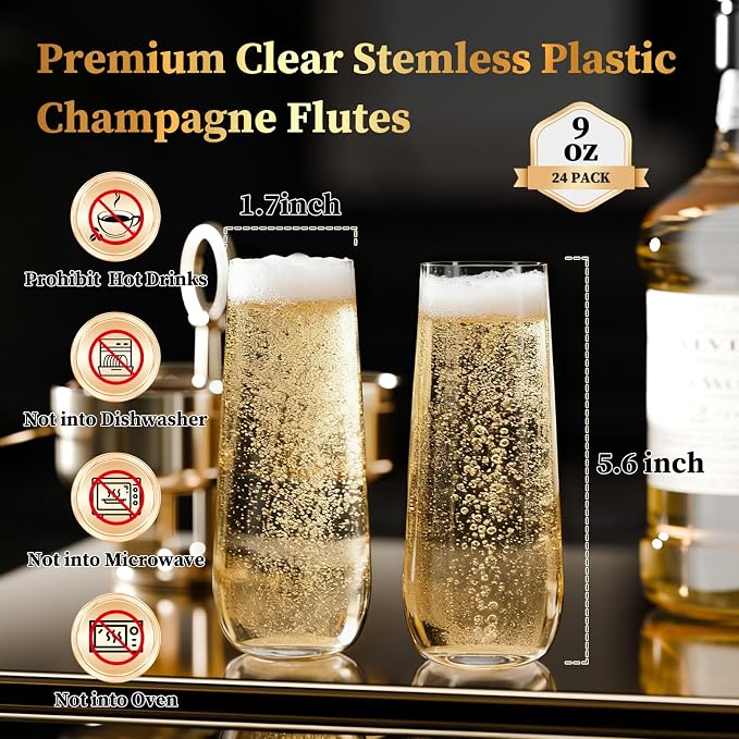Guanqiao 24 Pack Stemless Plastic Champagne Flutes, 9 oz Clear Disposable Plastic Glasses, Heavy Duty Shatterproof Recyclable Mimosa Glasses for Party Wine Tasting Wedding New Years Eve Party Supplies - Image 2