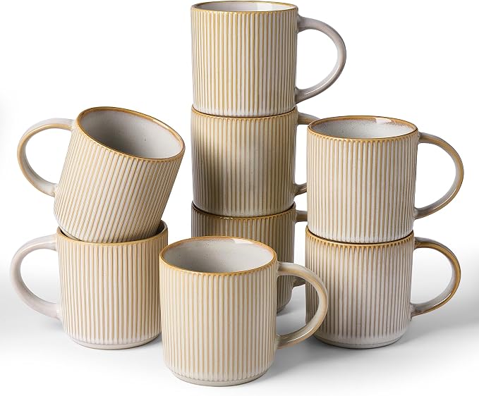 famiware Coffee Mug Set for 8, Star 12 oz Catering Mugs Cup Set with Handle for Coffee, Tea, Cocoa, Milk - Ceramic Stoneware Drinkware Set, Cappuccino White by Famiware