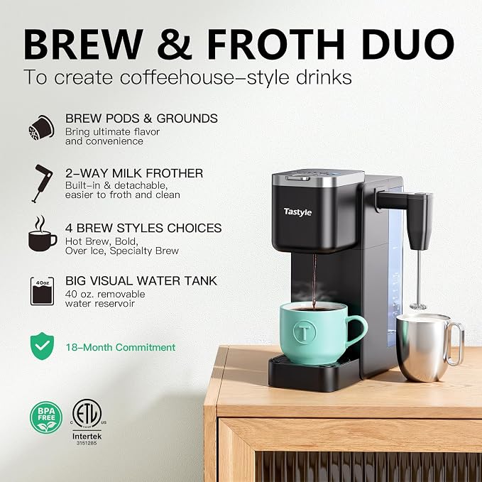Tastyle Single Serve Coffee Maker with Built-in Detachable Milk Frother | For K Cups & Grounds, 40oz Removable Water Tank, 6 Brew Sizes, 2 Drip Trays, BPA Free, Fits 7.3" Travel Mug, K330MF, Black - Image 2