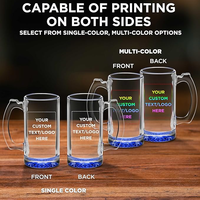 50 Libbey Beer Mugs Set, 12 oz. - Customizable Text, Logo - Groomsmen Glassware - Blue