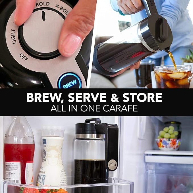 VINCI Express Cold Brew, Electric Cold Brew Coffee Maker in 5 minutes, 4 Brew Strength Settings & Cleaning Cycle, Easy to Use & Clean, Glass Carafe, Cold Brewer for Iced Coffee, 1.4 L Dial Control