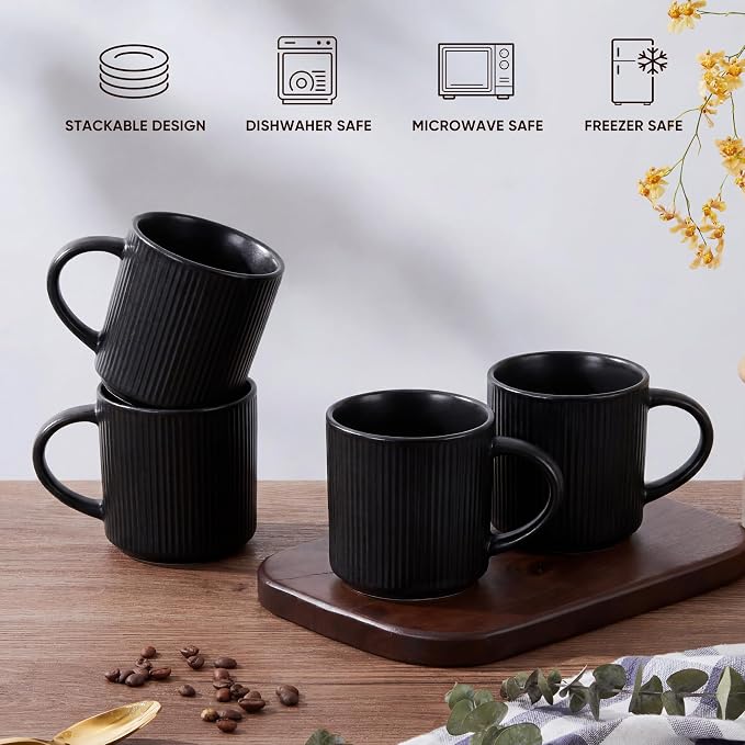 E-far 12 oz Coffee Mugs Set of 6, Stoneware Coffee Cups with Handle for Man Woman, Modern Ribbed Ceramic Tea Mugs for Latte Cocoa Milk, Microwave & Dishwasher Safe, Matte Black - Image 8
