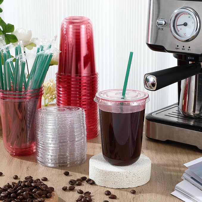 Baderke 25 Set Plastic Cups with Lids and Straws, Disposable Plastic Iced Coffee Cup for Cold Beverage Juice Smoothie Crystal for Coffee Shops Party Catering(Pink,16 oz) - Image 2