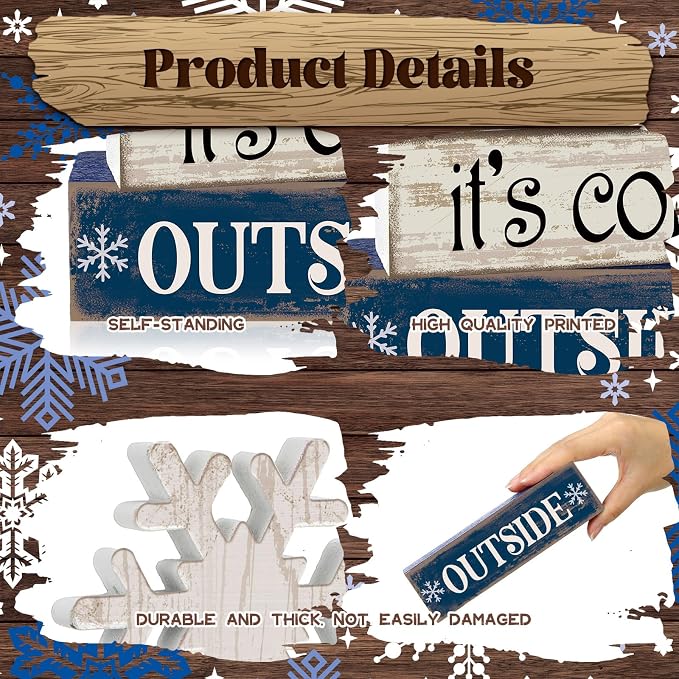 Moucuny 4 Pcs Christmas Table Decoration Winter Wooden Stacked Block, Baby It's Cold Outside Signs with Snowflake Topper, Rustic Christmas Tiered Tray Decor Snowflake Decor for Home Office Shelf - Image 4