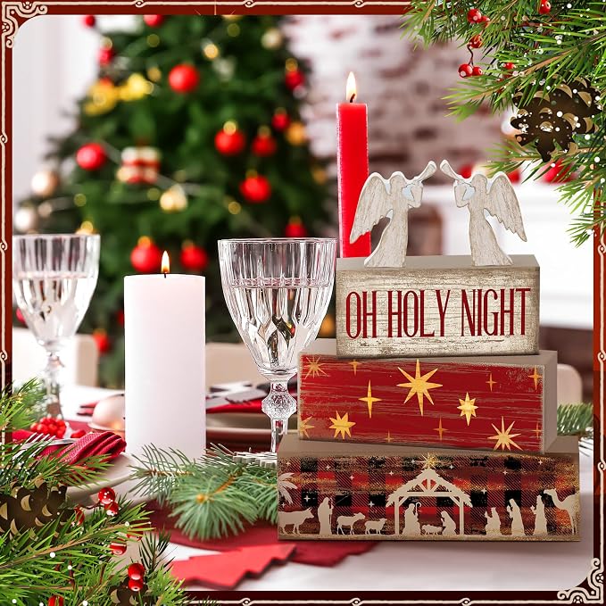 Moucuny 4 Pcs Wooden Christmas Nativity Tiered Tray Decor Rustic Wood Angel Block Sign Gift Kitchen Centerpiece Nativity Scene Table Decor (Jesus) - Image 3
