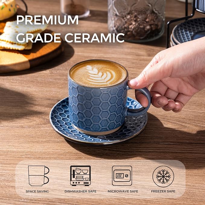GBhome 6 OZ Stackable Coffee Mugs Set of 4, Ceramic Espresso Coffee Cups | Coffe Cups With Saucer and Stand, Dishwasher&Microwave Safe, 4 Assorted Designs - Image 3
