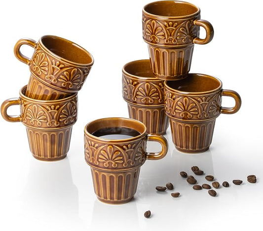 Espresso Cups Set of 6, Cappuccino Cups, Stackable Mug 6 OZ Ceramic Coffee Mug, Microwave & Dishwasher Safe, Tea Cocoa for Family Daily Use & Gathering, Great Gift for Any Special Occasion, Brown by LYEOBOH