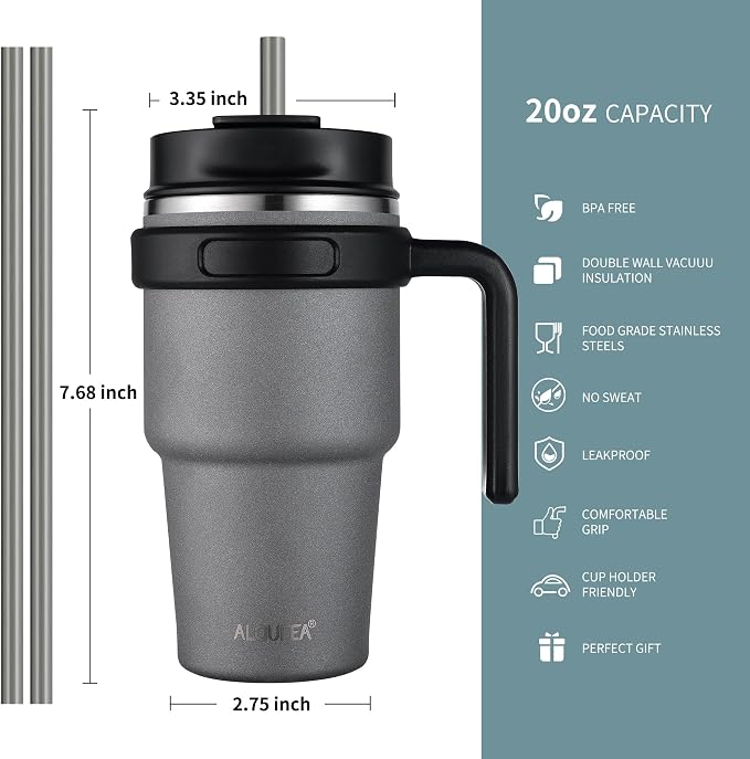 20 oz Insulated Coffee Mug Tumbler with Handle, Stainless Steel Travel Mug Tumbler with Lid and Straw, Double Wall Vacuum Leak Proof Ice Coffee Thermal Cup, Gray - Image 2
