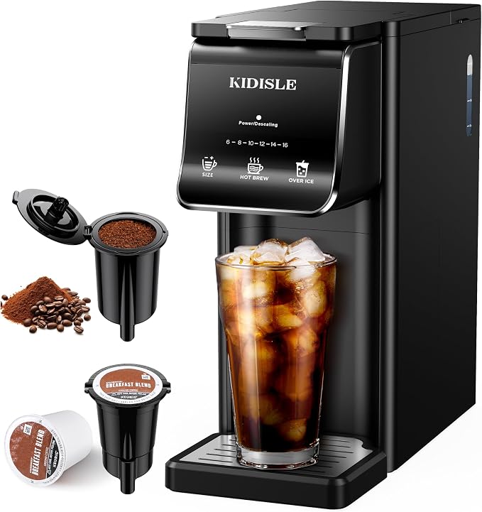 KIDISLE Hot & Iced Single Serve Coffee Maker for K Cup & Grounds, 6–16oz Brew Sizes, 40oz Water Tank, Reusable Pod Filter, Easy-to-Use for Home, Office, Dorm, Black by KIDISLE