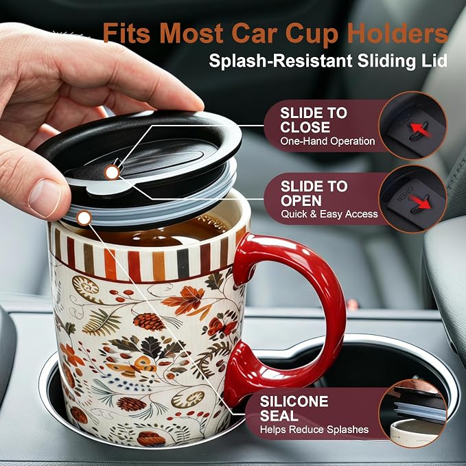 Topadorn 17oz Ceramic Travel Mug with Lid & Handle, Ceramic Coffee Mug | Woodland Forest Ceramic Coffee Mug, Nature Inspired Botanical Travel Cup, Microwave & Dishwasher Safe, Gift Box Included - Image 3