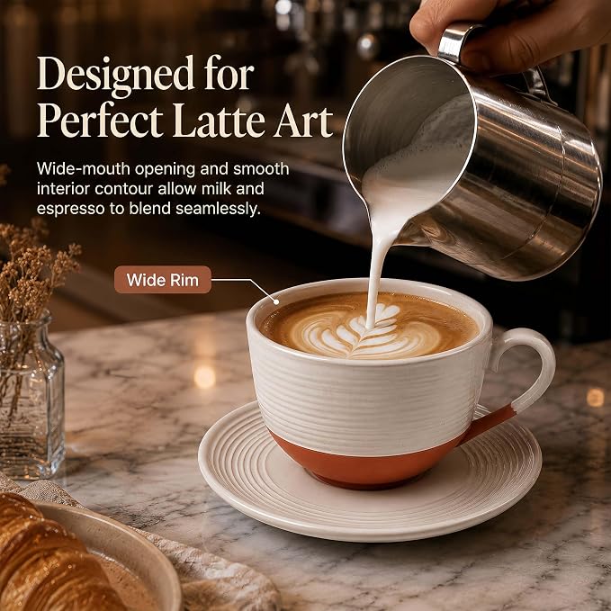 12 Oz Cappuccino Cups with Saucers, Coffee Cups Set of 4, Ceramic Tea Cup and Saucers, Wide Mouth Coffee Mugs for Latte Art, Cappuccino, Espresso & Cafe Drinks, Microwave Dishwasher Safe - Image 8