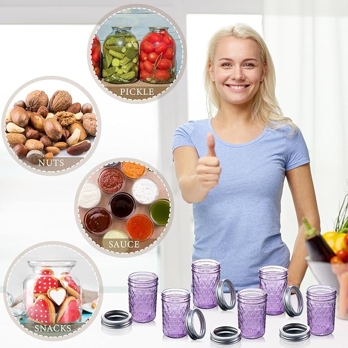 Zhehao 12 Pack 8 oz Colored Mason Jars with Lids, Mini Regular Mouth Canning Jelly Honey Jars for Wedding Shower Favors DIY Candle Holding Spice Jam Fruit Smoothie Salad Dressing Ketchup (Purple) - Image 7