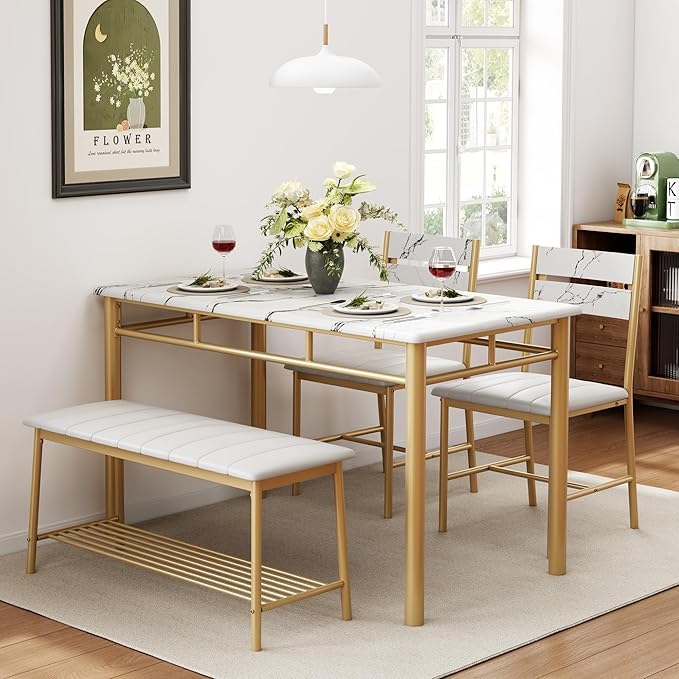 IRONCK Dining Table Set for 4, Kitchen Table and Chairs Set, White & Gold | Kitchen Table with Upholstered Bench and 2 Chairs for Small Space, Apartment - Image 4