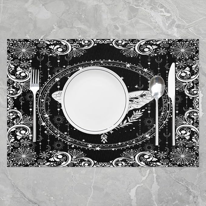Feelyou Boho Moth Table Place Mats, Set Sun Moon Placemats Set of 4 Boho Exotic Moth Placemat for Kitchen Dining Table Decor Indoor Outdoor for Women Men Bohemian Galaxy Butterfly 18"x12" - Image 2