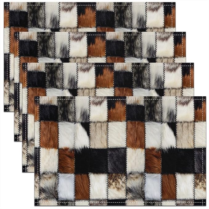 Feelyou 3D Cow Fur Print Placemats Set of 4 12x18 Inch Cowhide Patchwork Plaid Table Mats for Party Kitchen Dining Decoration Holiday Seasonal Western Farmhouse Animals Place Mat for Dinner Table by Feelyou