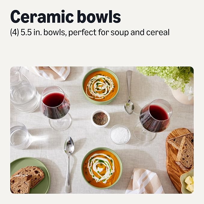 Amazon Basics Glazed Stoneware Bowls, 4-Piece Set, Microwave and Dishwasher-Safe, 20 oz. Capacity, 5.5 in., Olive - Image 2