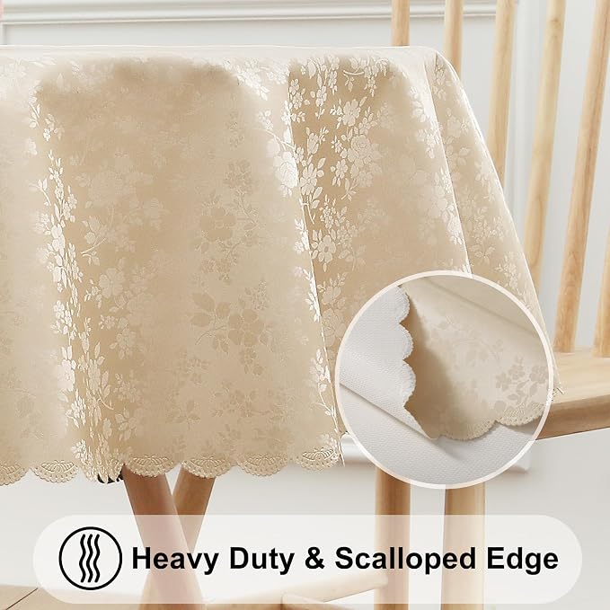 Smiry Round Waterproof Heavy Duty Vinyl Tablecloths, 60 x 60 Inch | Wipeable Washable Floral Embossed Table Cover for Kitchen and Dining Room, Indoor & Outdoor Use, Beige - Image 4