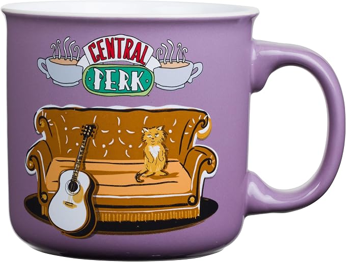 Silver Buffalo FRIENDS Central Perk Smelly Cat, Ceramic Camper Mug, 20oz | Iconic Orange Couch and Guitar, Pheobe's, 0.59 Liters by SilverBuffalo