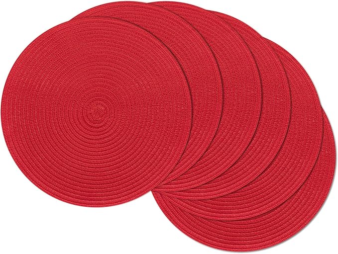 SHACOS 15 inch Round Placemats Set of 6 Braided Non Slip Washable Place Mats for Dining Tables Kitchen Table Mats Home Wedding Party Decor (Red, 6) by SHACOS