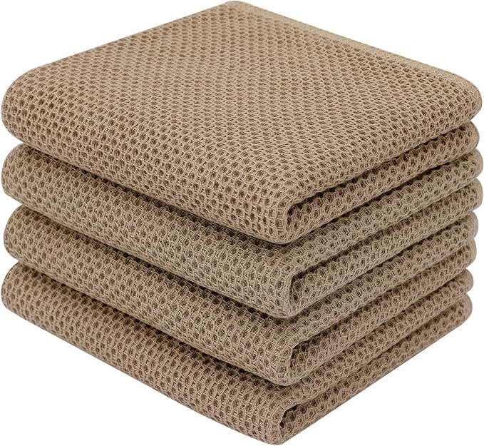 Homaxy 100% Cotton Waffle Weave Kitchen Dish Towels 4-Pack, Tan | 13 x 28 Inches, Ultra Soft Absorbent Dish Towels, Quick Drying Cleaning Towels by Homaxy