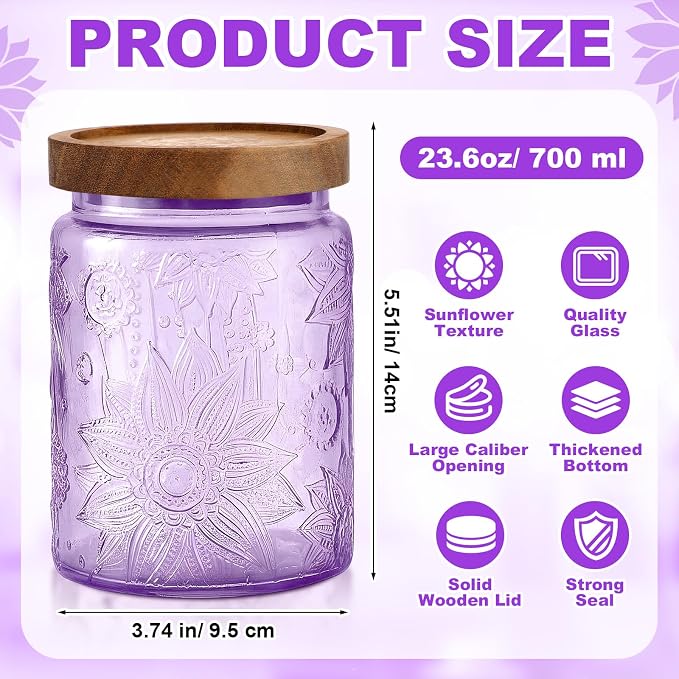 LemonRoad 2 Pcs Vintage Purple Glass Storage Jars 23.7 oz Mason Jar Canister with Wood Lids Food Storage Container for Cookie, Pantry, Candy Kitchen, Coffee, Tea, Flour, Sugar, Decorative Home Decor - Image 2